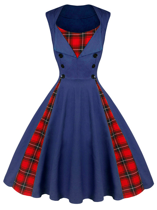 1950s Style Retro Vintage Rockabilly Cocktail Dress with Plaid Patchwork Main View