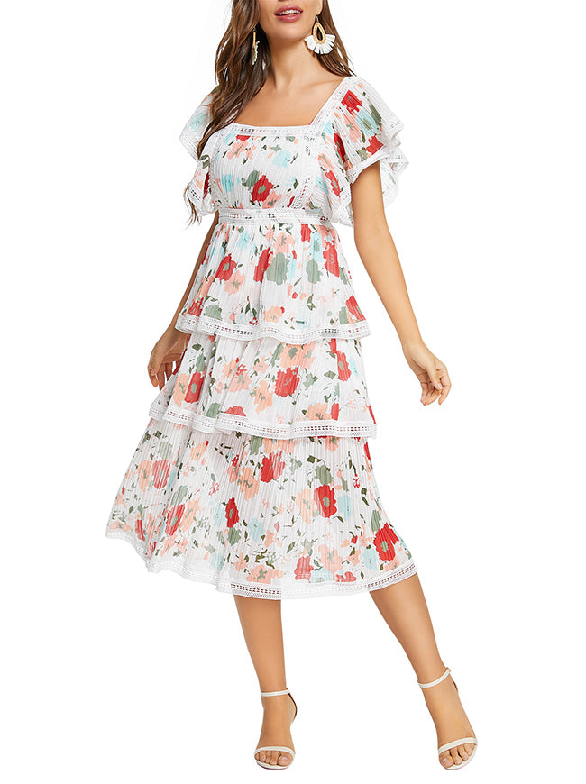 Women's Floral Square Neckline High Waist Flutter Sleeve Layered Dress Main View