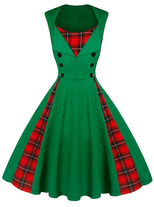 1950s Style Retro Vintage Rockabilly Cocktail Dress with Plaid Patchwork Main View