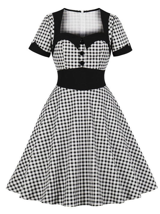 50S Retro Rockabilly Short Sleeves Lapel Collar Office Wear Business Dress