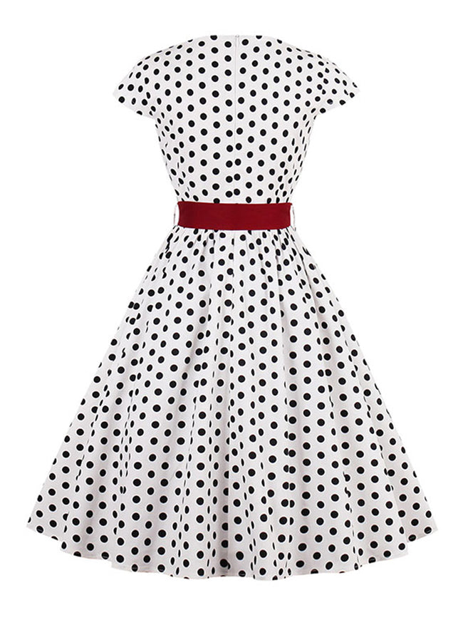 Women Classic Audrey Hepburn Style Polka Dot Slim Fit Pin Up Dress Back View