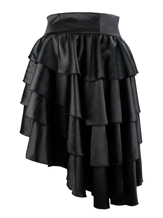 Sexy Steam Punk Black High Low Ruffle Short Satin Spring Salsa Dance Dress for Women Back View