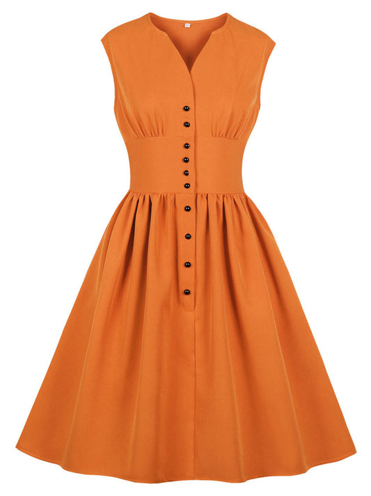 Women's 1950s Vintage Solid Color V Neck Sleeveless Swing Tea Dress