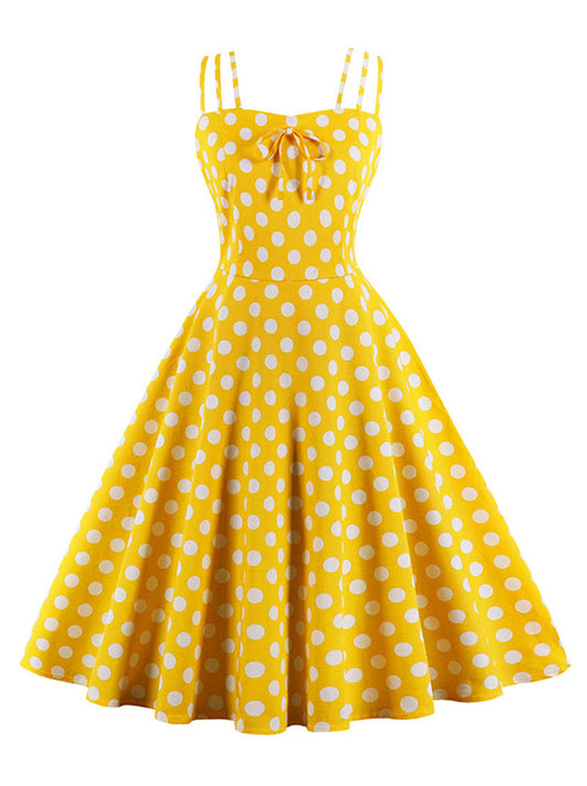 Vintage Spaghetti Strap Polka Dot Printed Cocktail Party Dress Main View