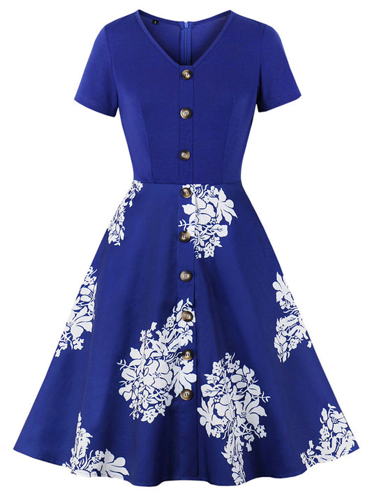 Women's Vintage Floral Printed Short Sleeved Pleated Tea Party Dress Main View