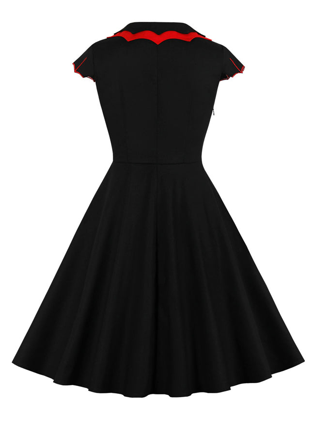 Slim Fit 1940s 1950s Style Flared Knee Length Short Sleeves Party Dress for Christmas Back View