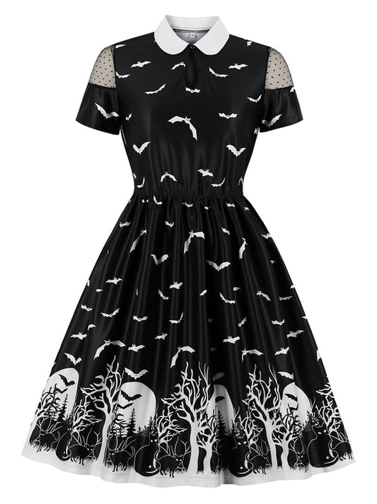 Short Sleeve Lapel Print A-line Swing Halloween Party Dress