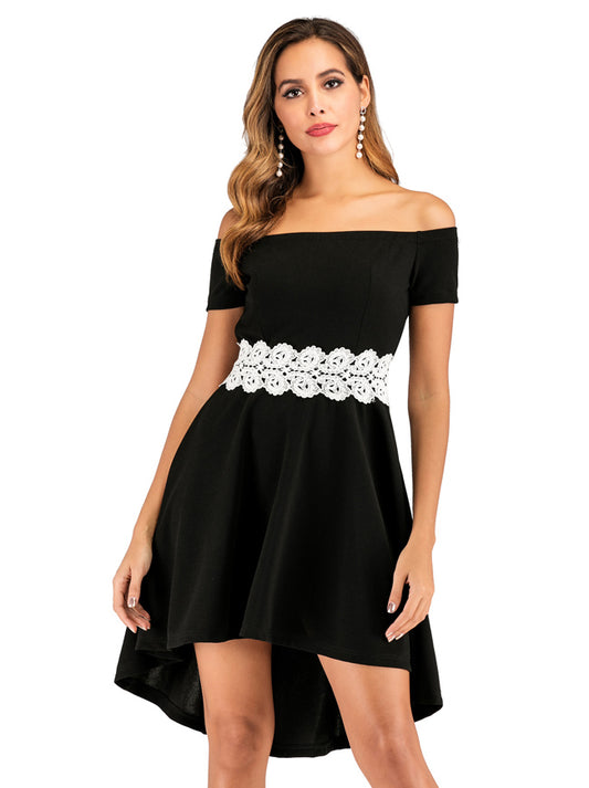 Women's Elegant Off Shoulder Short Sleeve Lace High Low Cocktail Skater Dress Main View