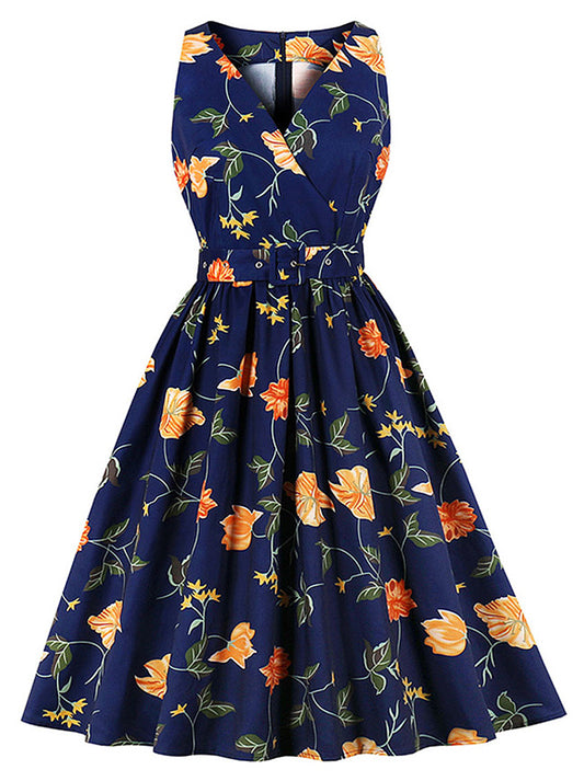 Elegant Vintage 1950S Floral Printed Wrap V-Neck Sleeveless Semi Formal Swing Dress Main View