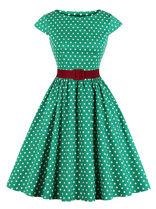 Vintage Rockabilly Cap Sleeve Polka Dot Printed Christmas Party Dress with Belt