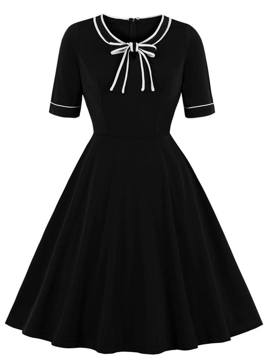 Vintage Rockabilly Elegant Bow-Tie Short Sleeve Cocktail Party Dress Main View