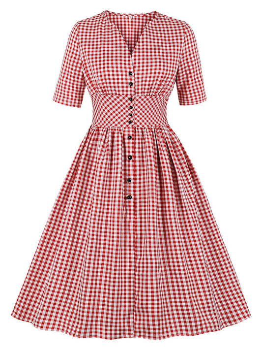 1950s Vintage Plaid V Neck Short Sleeve Swing Christmas Tea Party Dress