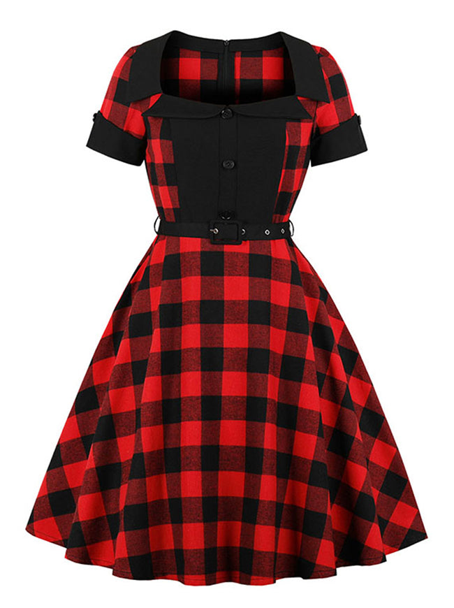 Vintage 1950s Retro Plaid Short Sleeves Swing Christmas Dress Main View