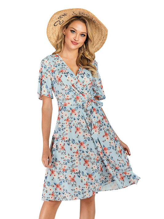 Vintage Floral Printed V-Neck Short Sleeve A-line Casual Tea Dress