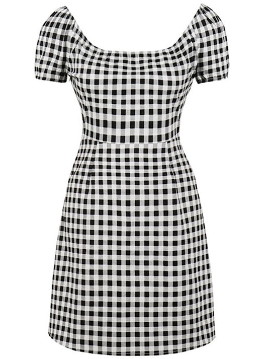 Casual Fit And Flare Short Sleeve Plaid Wear to Work Dresses Main View