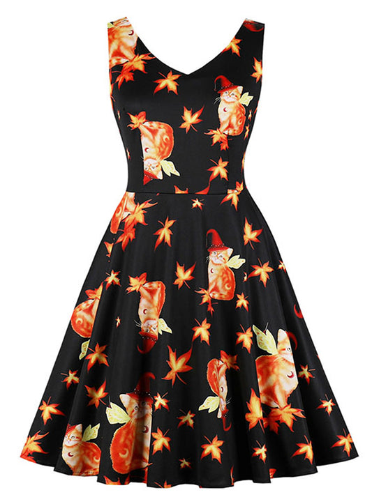 Vintage Cat Pattern Maple Leaf Print Cocktail Dress For Halloween Party