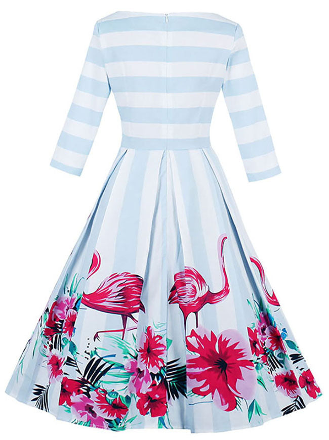 Vintage Half Sleeves Flamingo Floral Print Striped Pleated Dress