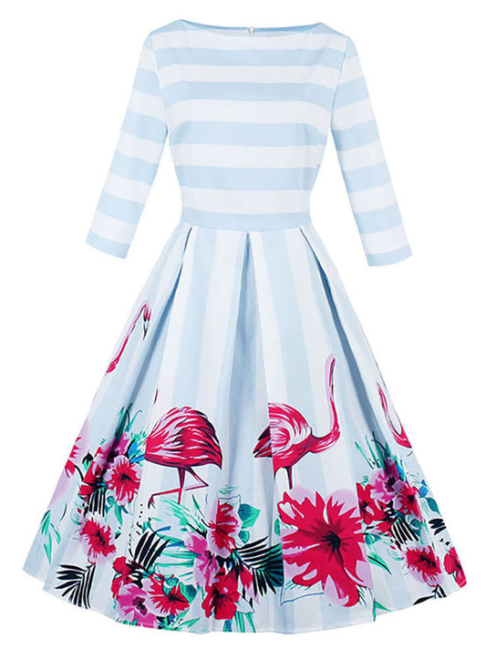 Vintage Half Sleeves Flamingo Floral Print Striped Pleated Dress