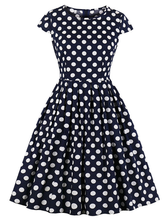 Vintage 1950s Retro Cap Sleeve Polka Dot Pleated Cocktail Tea Dress