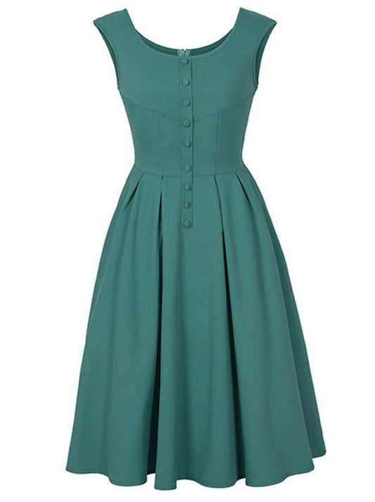 Round Neck Sleeveless Vintage Pleated Swing Midi Dresses Main View