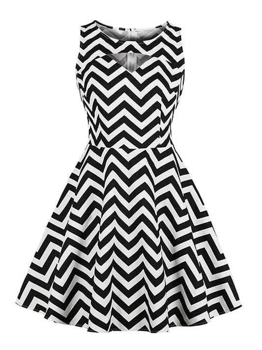 Sleeveless Retro Style Irregular Stripes Fit Flared Swing Dress Main View