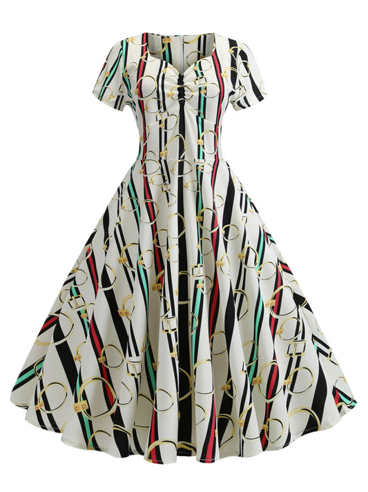 1950s Vintage Stripe Short Sleeve Pleated Swing Dress