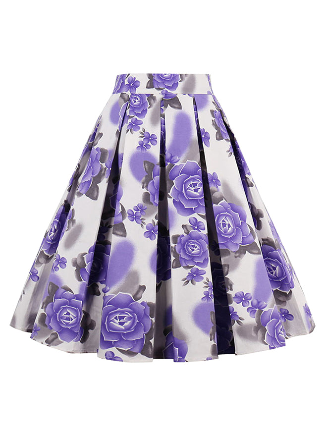 High Waisted Vintage Style Rose Print Flared Pleated A Line Skirt