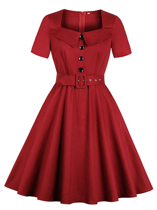 Casual Summer Short Sleeve Belted Vintage Cocktail Midi Dress Main View