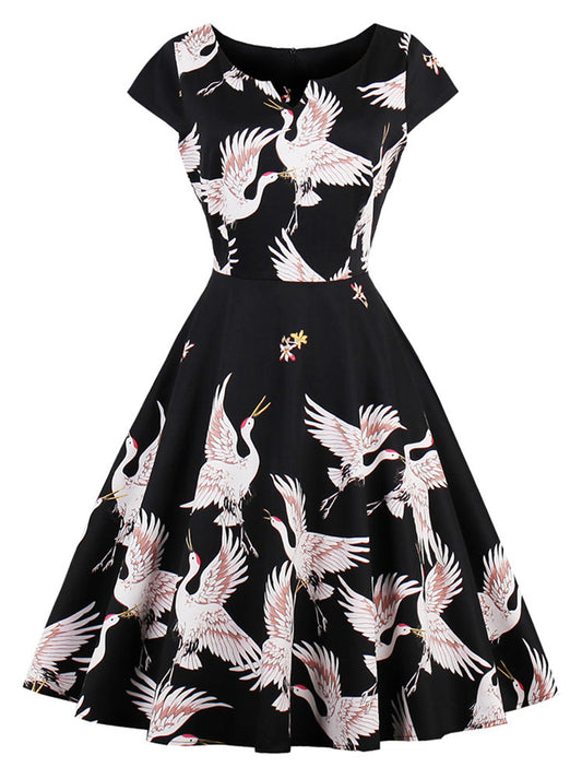 Fashion Crane Print Cocktail Evening Casual Dress Main View