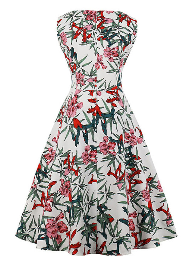 Casual 1950's Vintage Floral Print Holiday Cocktail Party Dress