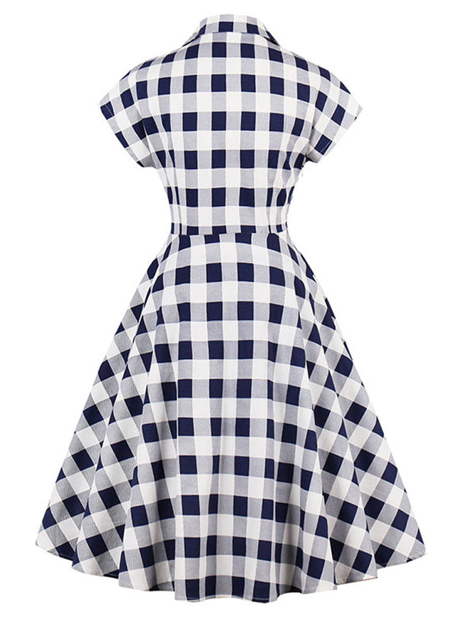 1950s Vintage Short Sleeve A-Line Party Swing Plaid Dress with Zipper