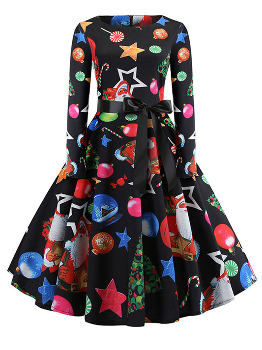 Retro Style Long Sleeve Sweetheart Pattern Flare Swing Dress Main View