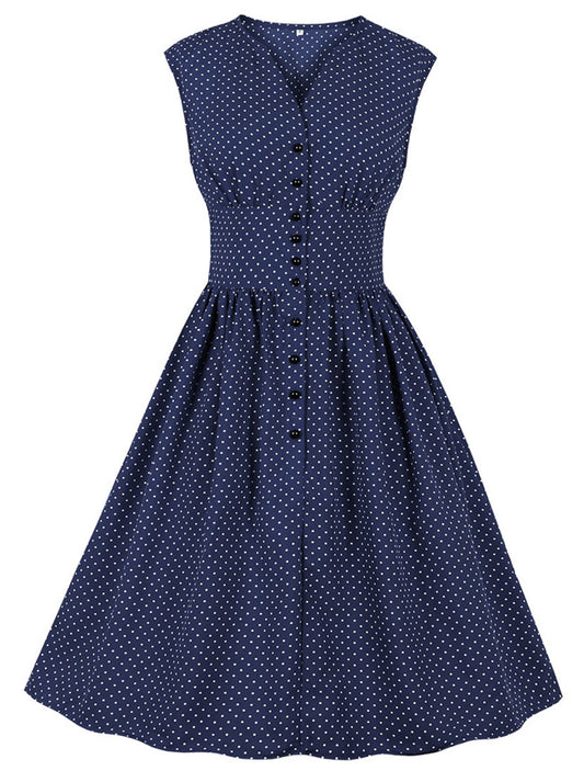 Women's 1950s Vintage Polka Dots Printed V Neck Sleeveless Swing Dress