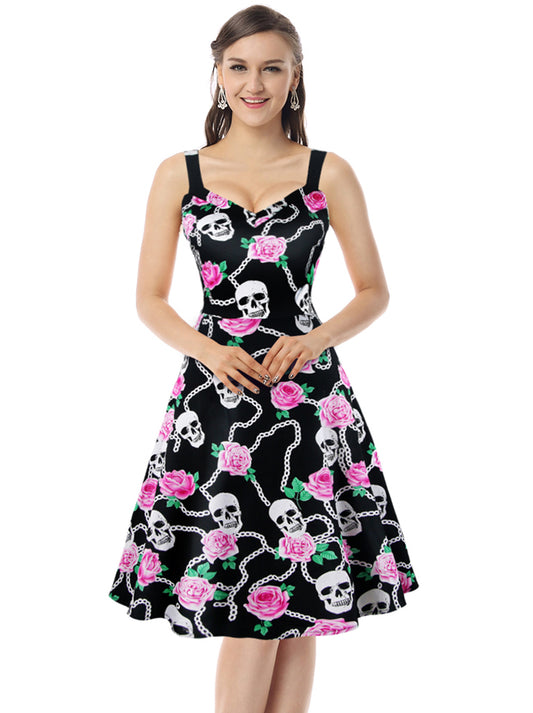 Sleeveless Rockabilly Skull Printed Halloween Cocktail Dress