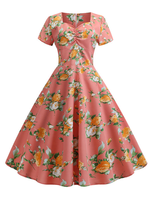 1950s Vintage Floral Short Sleeve Pleated Swing Dress