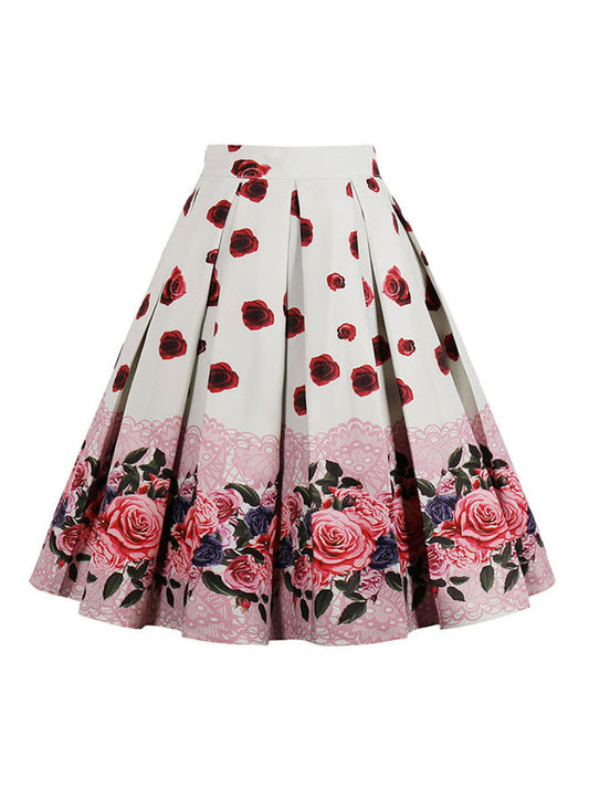 Vintage Retro Casual Knee Length High Waisted A-Line Floral Print Pleated Flare Skirt