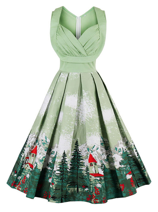 1950s V-Neck Vintage Casual Cocktail Swing Christmas Dress