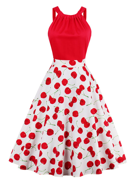 Summer Holiday Retro Vintage Cherry Print Cocktail Dress Main View