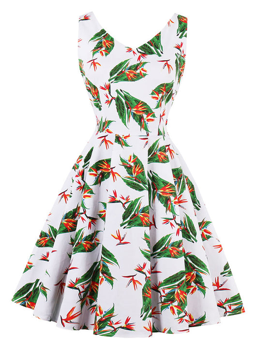 V Neck Vintage Cocktail Floral Print Tea Party Dress