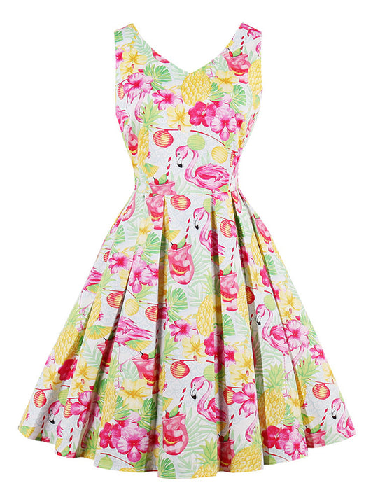 Sleeveless Retro Vintage Flamingo Floral Print Tea Party Pleated Dress