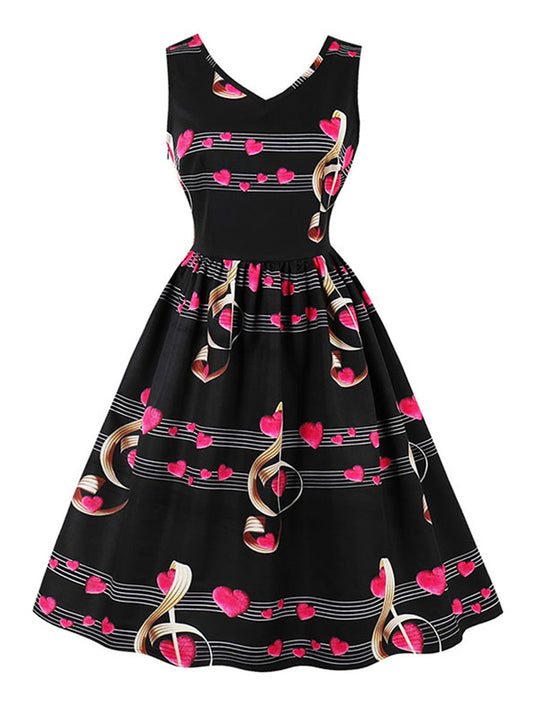 V-Neck Romantic Music Notes Print Flare Party Dress for Music Party