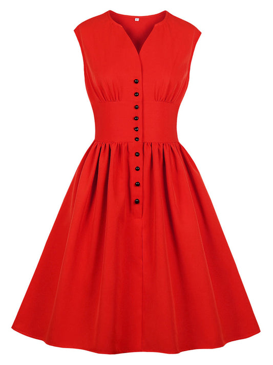 Women's 1950s Vintage Solid Color V Neck Sleeveless Pleated Swing Dress