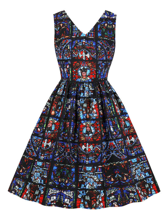 Retro Style Sleeveless V-Neck Printed Cocktail Swing A-Line Dress