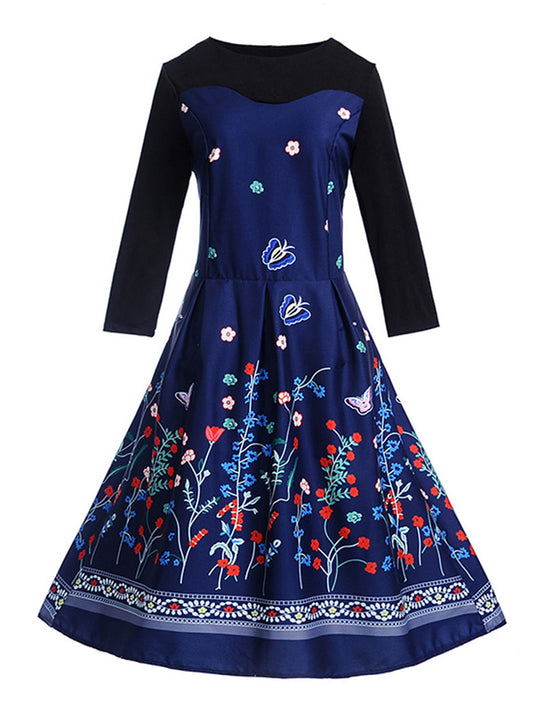 Vintage Floral Patchwork Round Neck Long Sleeves Swing Casual Party Tea Dress Main View