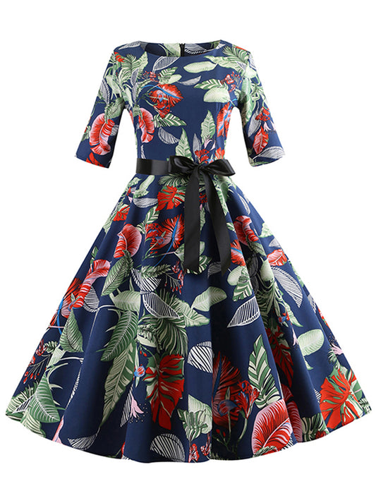 Half Sleeve A-Line Flared Vintage Leaf Swing Casual Midi Dress Main View