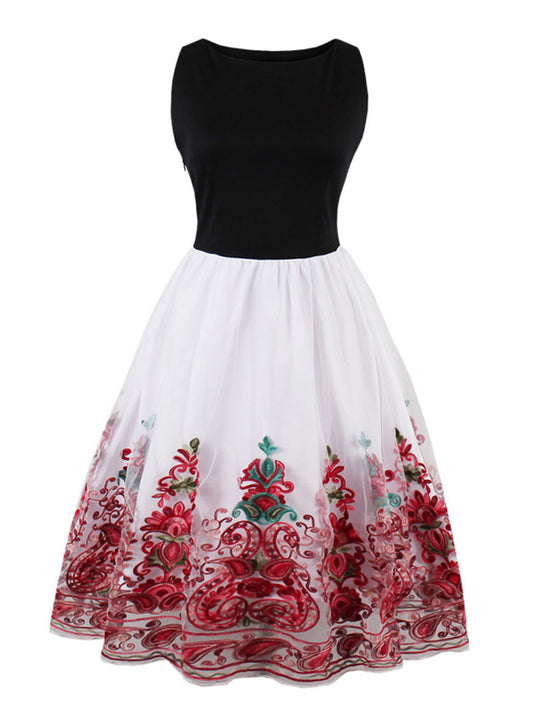 Sleeveless Elegant Floral Print Vintage Cocktail Party Dress