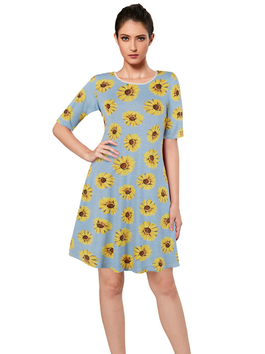 Summer Casual T Shirt Dresses Short Sleeve Loose Floral Dress with Pockets