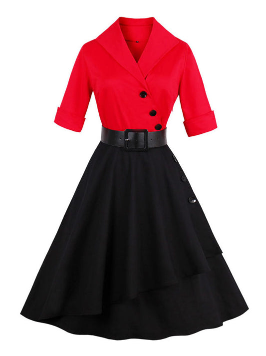 Elegant Half Sleeved Sexy V-Neck Vintage Tea Length Wear to work Dress with Belt Main View