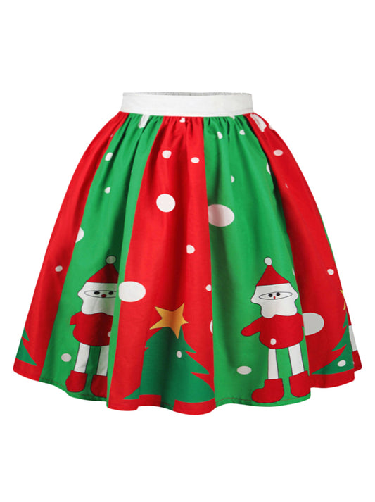 Christmas Santa Pleated Flared Short Midi Swing Skater Skirt Main View