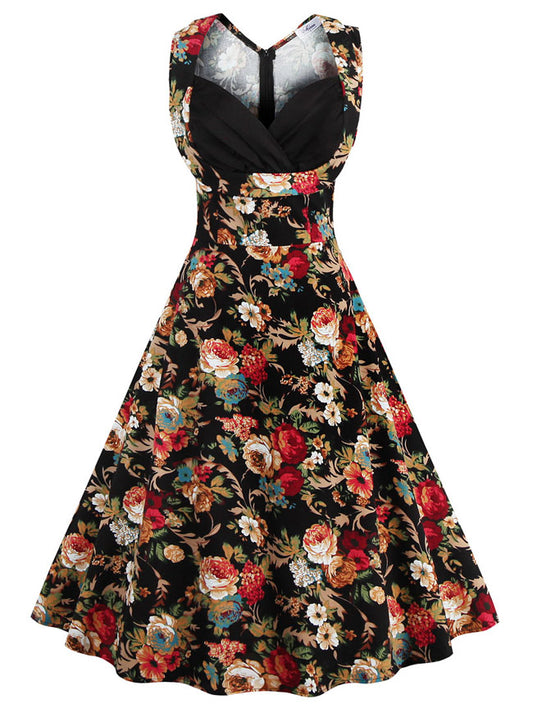 50's Vintage Floral Cut Out V-Neck Casual Party Cocktail Dress